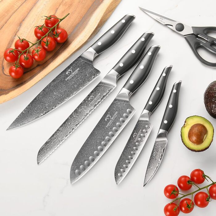 Набір кухонних ножів NANFANG BROTHERS Дамаск 7 предметів з бруском, нековзний ABS, нержавіюча сталь, шеф-ніж, хлібний ніж, сантоку, ніж для чищення, ножиці