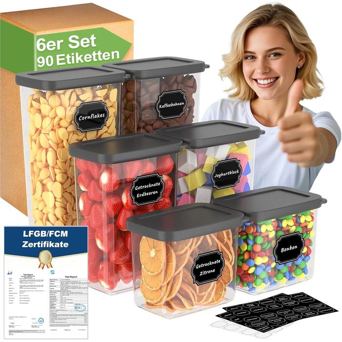 Герметичні контейнери для зберігання продуктів з кришкою, набір 6 шт (1.8л, чорний)