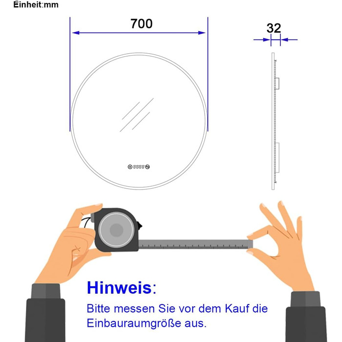 LED дзеркало для ванної кімнати EMKE, діаметр 80 см, кругле, з підсвічуванням, сенсорне управління, проти запотівання, годинник, температура, регулювання яскравості, пам'ять, нейтральне світло, темно-зелений каркас (70x70 см)