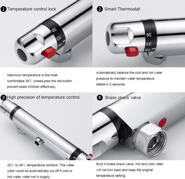 Змішувач для ванни з термостатом, накладний, хром, латунь, з кнопкою безпеки 38°C, для ванни, душ