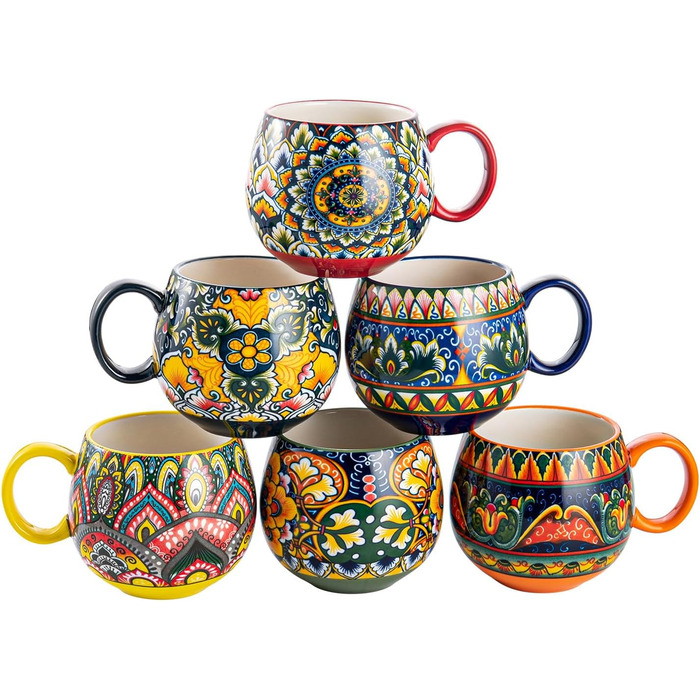 Набір кавових чашок Henten Home з порцеляни, 6 шт., 250 мл, ручної роботи, набір для 6 осіб, включає чашки та блюдця (600 мл)