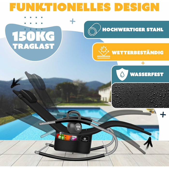 Крісло-шезлонг KESSER® для відпочинку на вулиці | Садове крісло-шезлонг | Крісло-гойдалка | Зручне крісло з підголовником | Чорний | Макс. 150 кг