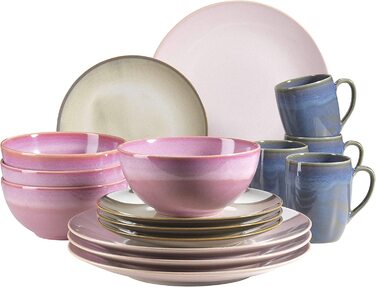 Набір посуду MSER 931547 Ossia для 4 осіб у вінтажному середземноморському стилі, комбінований сервіз з 16 предметів з кераміки (рожевий / блакитний місяць / рожевий / блакитний)