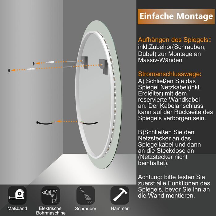 Дзеркало для ванної кімнати Aica LED кругле 50 см, регулювання кольору (холодне/нейтральне/тепле), диммування, функція пам'яті, сенсорне управління, запобігання запотіванню, автоматичне вимкнення (40x40 см)