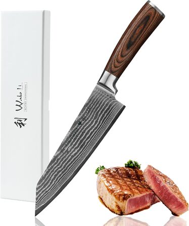 Японський ніж Wakoli EDIB Kiritsuke з дамаської сталі (серцевина VG10), 20 см – професійний ніж для кухні та приготування їжі, з ручкою з паккавуда, у подарунковій коробці з гравіюванням