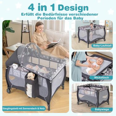 Дитяче ліжко-манежа DREAMADE 102x72 см, 3 в 1: ліжко, манежа, бебі-центр з матрацом, колесами, москітною сіткою та пеленальним столиком для новонароджених та дітей 0-36 місяців (сірий)