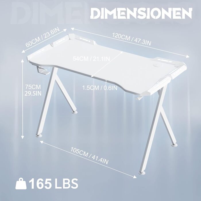 LED ігровий стіл YRHome з RGB-підсвічуванням, пультом дистанційного керування, тримачем для навушників та підставкою для напоїв. Білий, 120x60x75 см