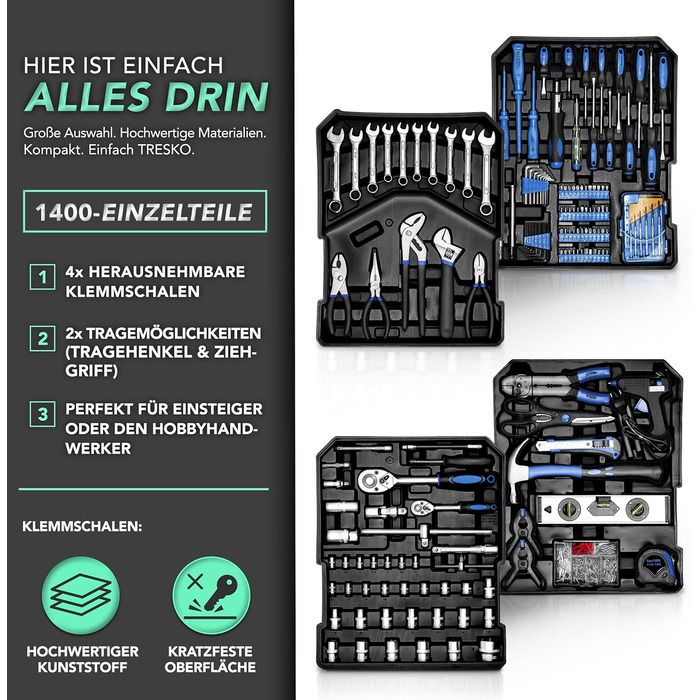 Набір інструментів TRESKO 1400 предметів у валізі: професійний кейс з інструментами з хромо-ванадієвої сталі (синій)