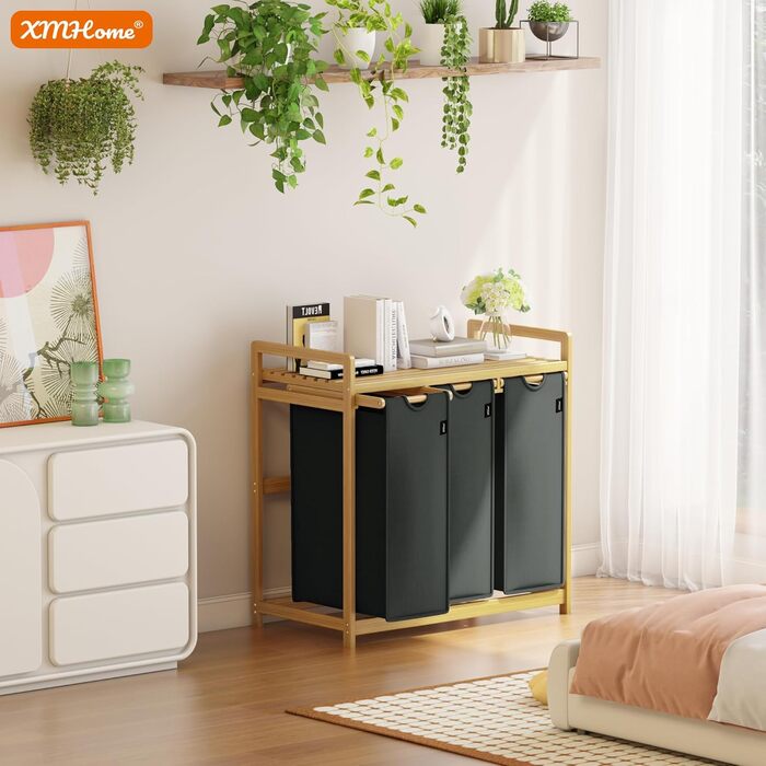 Бамбуковий сортувальник для білизни з 3 відділеннями, 148 літрів, 2 яруси, великий кошик для білизни з знімним мішком, прямокутна коробка для ванної, спальні та пральні, 77.5x41.3x100.5CM, Бежевий (Темно-сірий)