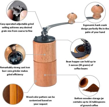 Кавомолка ручна Akirakoki з чавунним жорном, велика ємність, для подорожей та кемпінгу, регульована (коричневе дерево)