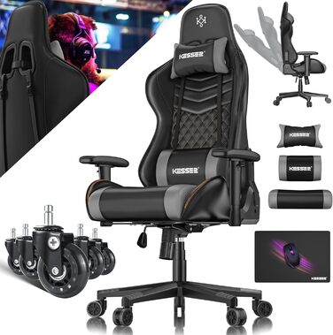 Крісло геймерське KESSER® Ergonomisch з підголівником та поперековою підтримкою | Крісло для офісу, Racing, 150 кг, 360° обертання, регульовані підлокітники, чорно-помаранчеве