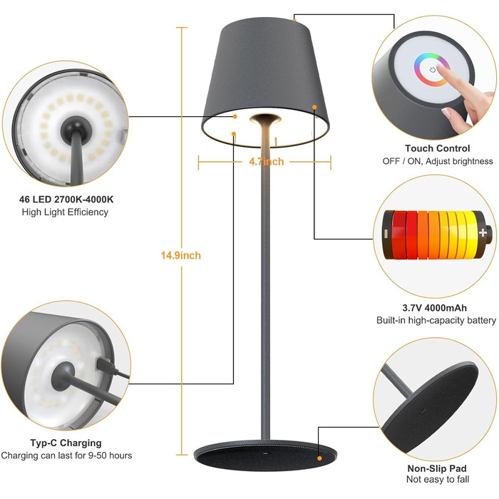 LED настільна лампа MALUX бездротова, торшера з торканням, диммування, тепле біле світло 2700K-4000K, металева, акумуляторна, вологостійка IP54, для саду, їдальні, спальні, робочого кабінету, балкону, готелю (темно-сірий), (сірий) 1 шт.