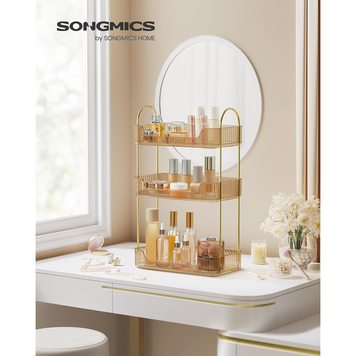 Органайзер для макіяжу SONGMICS, 2 види аксесуарів, органайзер для косметики 3 яруси, прямокутний, настроюється, зберігання туалетного столика, ідея для подарунка, шампанське золотий JKA013A01