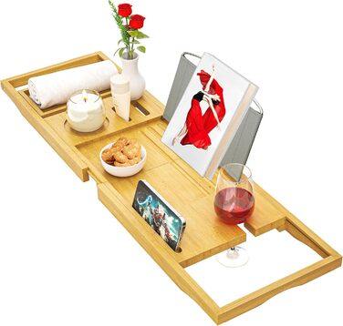 Висувна поличка для ванни - регульована доріжка для ванни. Неслизька поличка для ванни. Підходить для більшості ванн. Утримує книгу, iPad, телефон, склянку, свічку. Преміум-якість, натуральні матеріали.