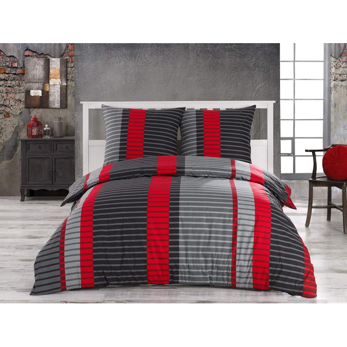 Комплект постільної білизни 200x200 з бавовни – набір постільної білизни на всі сезони, м'який та дихаючий, простирадло та наволочки 80x80 см з блискавкою, Petrol (Вітер/Червоний, 200x200 см (3-частини))