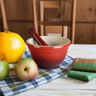 LE CREUSET Мörser und Stößel (Товкач та пестик), Глазурований керамічний, Ø 11.5 см, 360 г, 300 мл, Червоний