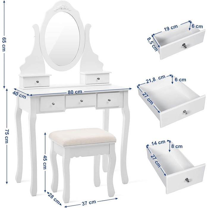 Туалетний столик SONGMICS з 3 дзеркалами, табурет, 4 висувні ящики, нижній роздільник, пристрій проти нахилу, білий, RDT07W