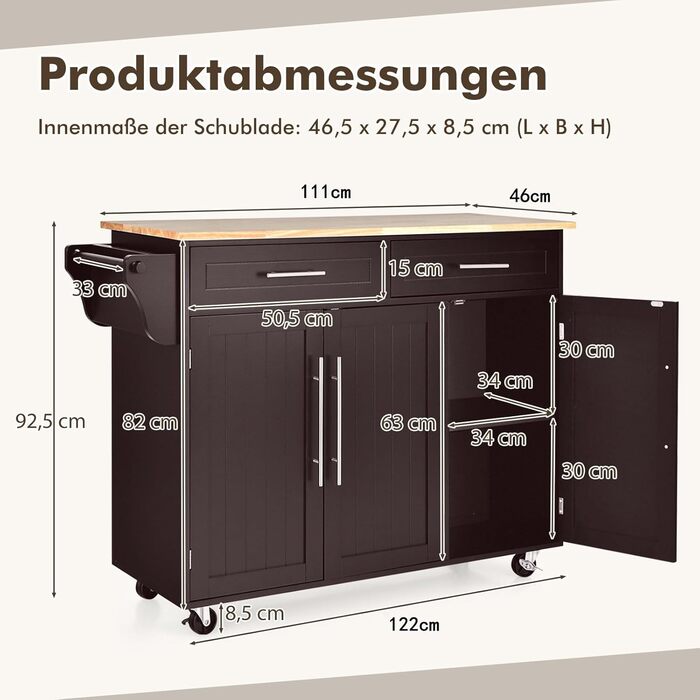 Кухонний візок COSTWAY на колесах, сервірувальний візок з ящиками, кухонний візок зі стільницею (коричневий)
