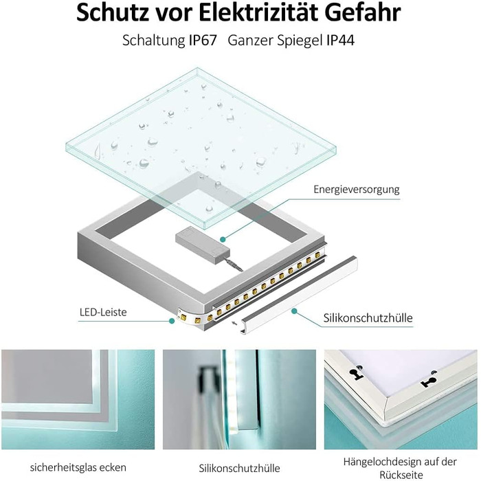 Дзеркало для ванної кімнати EMKE з підсвічуванням 50x60 см, з вимикачем-кришкою, антивміст, 2 кольори світла (тепле/холодне), LED, горизонтальне/вертикальне встановлення