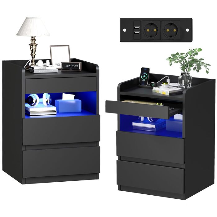 Нічний столик BEWISHOME 2 шт., з прихованою поличкою та розеткою, з функцією зарядки, для вітальні та спальні (чорний) EFCG02B