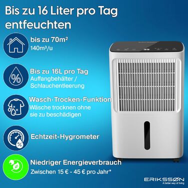 Електричний осушувач повітря з LED-дисплеєм, таймером та захистом для дітей | Осушує 16 літрів вологи на добу | Для приміщень до 70 м² | Енергоефективний осушувач з датчиком вологості | Білий