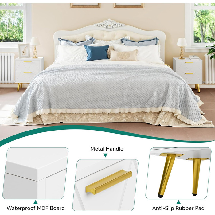 Приліжкові тумбочки YITAHOME (2 шт.) з 2 шухлядами, білі, з золотими ніжками, 40 x 30 x 52 см