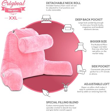 Подушка для чоловіка з підлокітниками - темно-сіра, для читання та відпочинку в ліжку, висока спинка, преміум піна пам'яті, знімний валик для шиї, оригінальна версія (світло-фіолетовий)