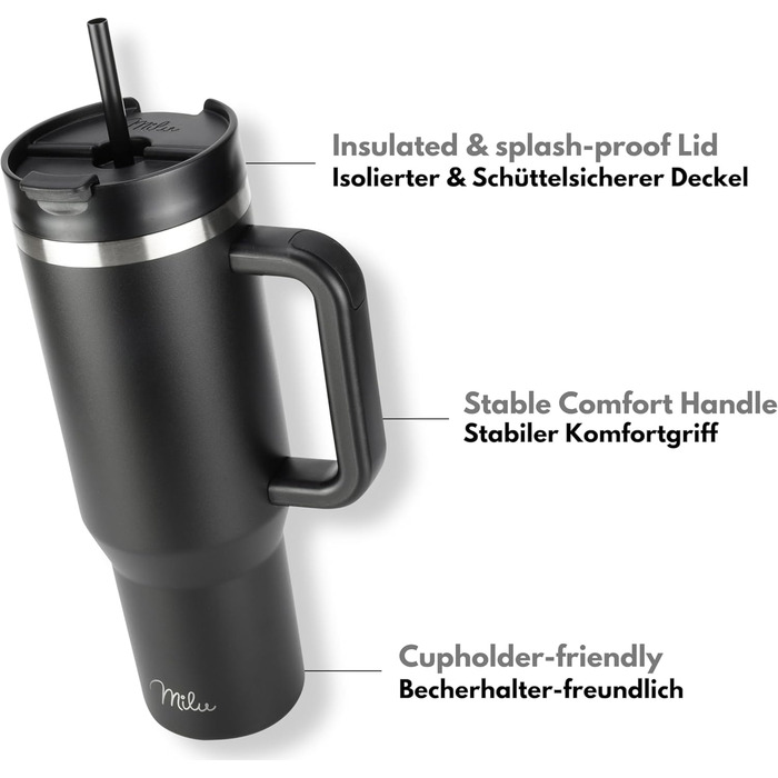 Термокружка Milu 1200 мл з трубочкою та ручкою – термокружка для подарунку на Великдень, День батька, День матері | Подарунок для мами, тата, друзів, бабусі та дідуся | Чорний колір