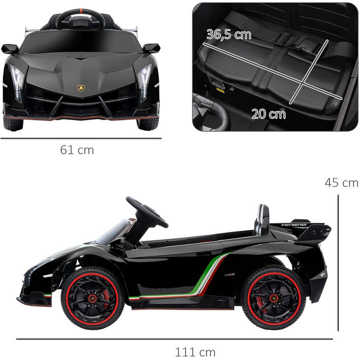 Дитячий електромобіль HOMCOM Lamborghini Veneno 12В з пультом, Bluetooth та музикою, чорний, для дітей 3-6 років