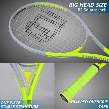 Тенісна ракетка для дорослих LUNNADE, 68,6 см (27 дюймів), попередньо натягнута та захват, ідеально підходить для чоловіків і жінок, 2 предмети (сірийжовтий)