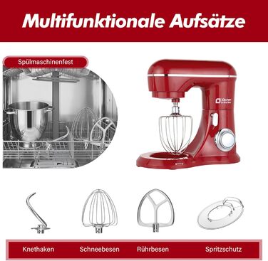 Кухонна машина Kitchen in the box 6L з 2 чашами по 3.5L, 10 швидкостей, з гаками для тіста, вінчиками та вінчиком для збивання (червона)