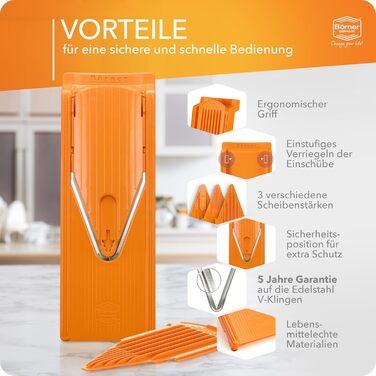 Börner V3: Овочевий тертак для кухні з нержавіючої сталі, 5 типів нарізки, з тримачем для фруктів, помаранчевий/білий (Базовий набір)