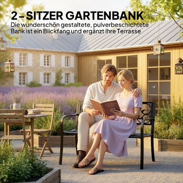 Двомісний садовий лаунж з висувним столиком. Міцна лавка для саду та тераси, витримує до 240 кг. Садові меблі з підлокітниками та спинкою для відпочинку на відкритому повітрі. Розміри: 150x58,5x90 см. Колір: Чорний.