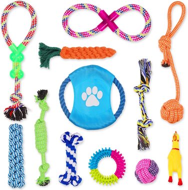 Іграшки для собак VACNITE з 12 предметів, іграшки для жування мотузок, міцні зуби для цуценят, чистячі засоби для собак малого та середнього розміру, інтерактивні іграшки з бавовни зі скрипучим елементом