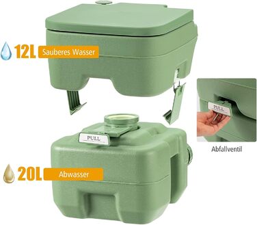 Туалет для кемпінгу DREAMADE 20L з знімними баками для відходів та чистої води, мобільний туалет з HDPE, витримує до 200 кг, з промиванням, для автодому та саду (зелений)