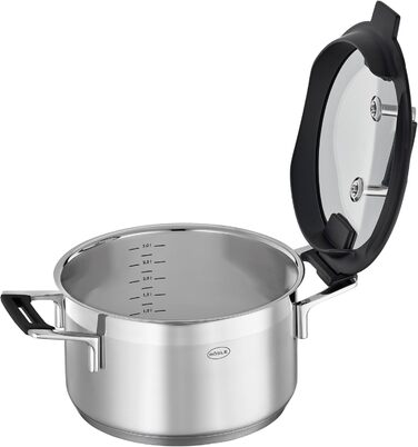 Набір каструль Rösele Silence Pro 5 предметів: універсальний набір з 3 каструль, 1 казанок та 1 сотейник, нержавіюча сталь 18/10, скляні кришки, внутрішня шкала, підходить для індукційних плит та мийки посуду