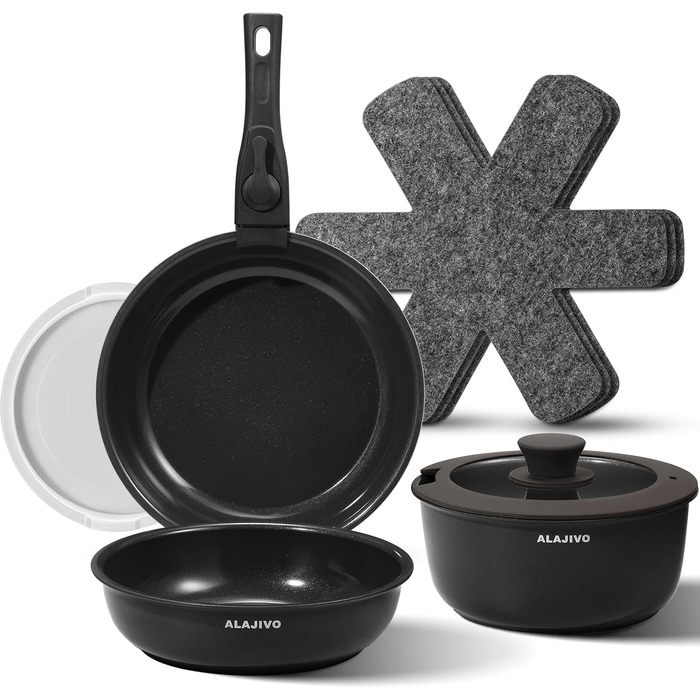 Набір каструль та сковорідок 9-ти частинний з антипригарним покриттям, для всіх типів плит, включаючи індукційні, сумісний з духовкою (темно-сірий)