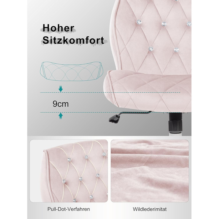 Крісло для дому та офісу Symino з регульованою висотою, функцією гойдання 12°, обшите штучною замшею, 360° обертання, ергономічне, до 150 кг, велике, рожеве