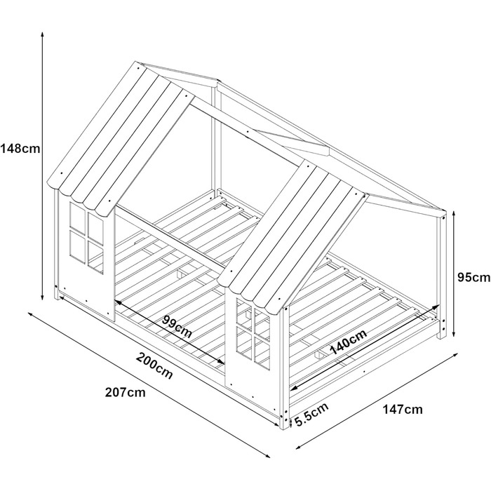 Дитяче ліжко Tostedt: ліжко-будиночок, ліжко для підлітків, ліжко-ігровий будиночок, ліжко з напіввідкритим дизайном Montessori, з масивного дерева (сосна), 120x200 см, рожево-біле