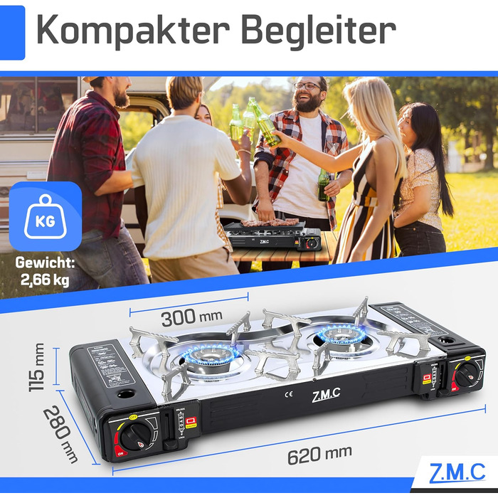 Газовий набір для кемпінгу ZMC 2-поверховий з адаптером для LPG + 4 балончики 227г + кейс, 2.5кВт, з Piezo-запалюванням, для відпочинку на природі та дому