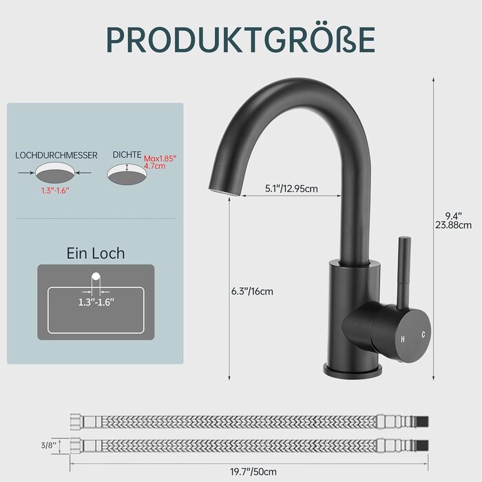 Змішувач для ванної кімнати Fransiton Bad Hoch, водозберігаючий, чорний матовий