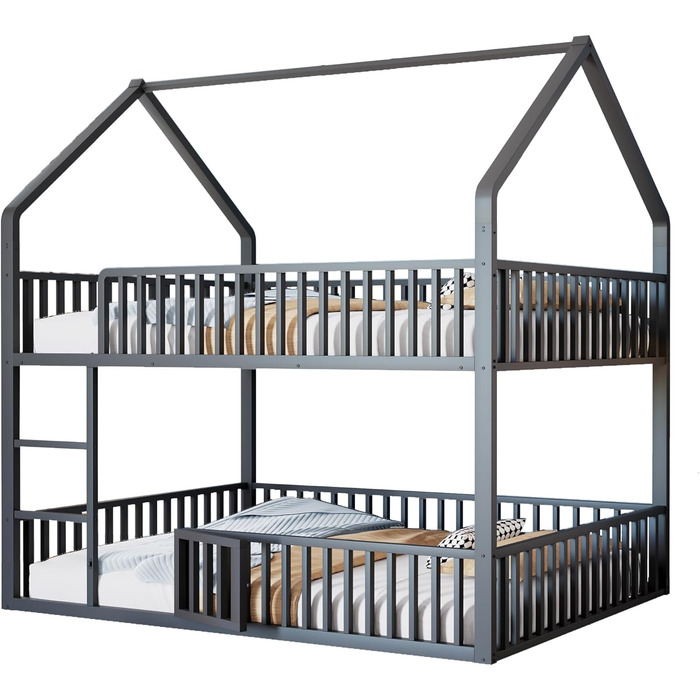 Двоярусне ліжко 140x200 см для 2 дітей, з будиночком, сходами та дверцятами, металеве, з захистом від падіння та ламелями (чорне)