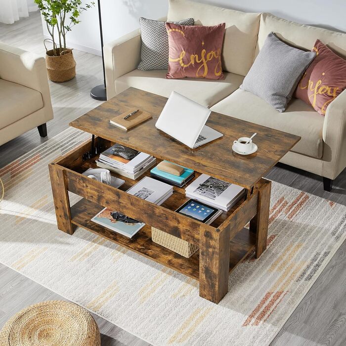 Журнальний столик Yaheetech з регульованою висотою та прихованим місцем для зберігання, колір: іржавий коричневий (120 x 59 x (49,5-63,5) см)