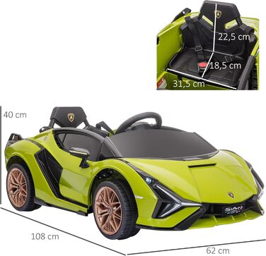Електромобіль для дітей Lamborghini SIAN 12V, з пультом, музика, світло, металевий, зелений, 108x62x40 см, 37-60 місяців, HOMCOM