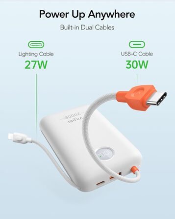 МАг, 30 Вт PD, кабель USB-C та Lightning, LED-дисплей, для iPhone, iPad, Galaxy (білий), 20000