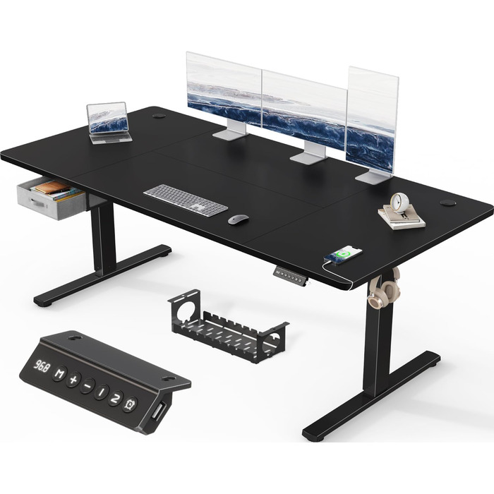 Регульований стіл Devoko 160x80 см з ящиками, USB-порт, органайзер для кабелів, стоячий стіл з пам'яттю положення, білий