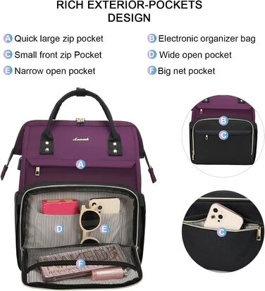 Рюкзак для ноутбука LOVEVOOK для жінок, великий шкільний рюкзак для підлітків, рюкзак ручної поклажі, водонепроникний дизайн, дихаючі лямки, для університету, школи та подорожей, бежевий, сірий (17 дюймів, B - темно-фіолетовий, чорний)