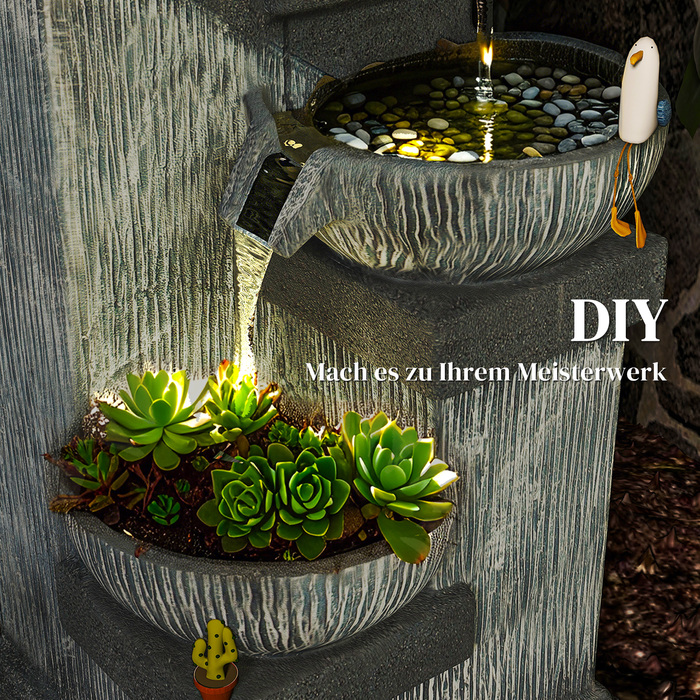 Фонтан для саду 85 см, декоративний 4-рівневий фонтан, штучний водоспад з LED-підсвіткою та насосом, сірого кольору