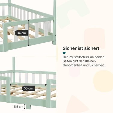 Дитяче ліжко Treviolo Hausbett від en.casa: дерев'яне ліжко Montessori з захистом від падіння, 120x200 см, сосна, колір дерева (м'ятний/білий)