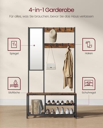 Стійка для одягу VASAGLE з дзеркалом та банкеткою, 35 x 98 x 180 см, для передпокою, спальні, вітальні, індустріальний дизайн, вінтажний колір, HSR415B01